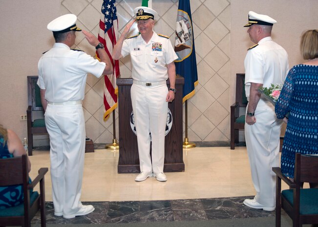 200616-N-DF478-0079 NAPLES, Italy (June 16, 2020) – Rear Adm. Anthony C. Carullo (left) salutes Adm. James G. Foggo III, commander, U.S. Naval Forces Europe-Africa during a Submarine Group (CSG) 8 change of command ceremony in Naples, Italy, June 16, 2020. U.S. 6th Fleet, headquartered in Naples, Italy, conducts the full spectrum of joint and naval operations, often in concert with allied and interagency partners in order to advance U.S. national interests and security and stability in Europe and Africa. (U.S. Navy photo by Mass Communication Specialist 1st Class Marvin E. Thompson Jr.)