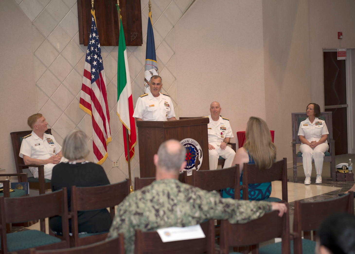 200616-N-DF478-0083 NAPLES, Italy (June 16, 2020) – Rear Adm. Anthony C. Carullo delivers remarks after relieving  Rear Adm. William J. Houston as Commander, Submarine Group (CSG) 8 during a change of command ceremony in Naples, Italy, June 16, 2020. U.S. 6th Fleet, headquartered in Naples, Italy, conducts the full spectrum of joint and naval operations, often in concert with allied and interagency partners in order to advance U.S. national interests and security and stability in Europe and Africa. (U.S. Navy photo by Mass Communication Specialist 1st Class Marvin E. Thompson Jr.)