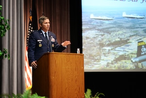 Col. David Fazenbaker, 14th Flying Training Wing vice wing commander, speaks at the graduation ceremony for Specialized Undergraduate Pilot Training Class 20-16/17 on June 12, 2020, at Columbus Air Force Base, Miss. After graduating pilot training at Columbus AFB, pilots will now go to their specified base to start training on their assigned aircraft. (U.S. Air Force photo by Senior Airman Keith Holcomb)