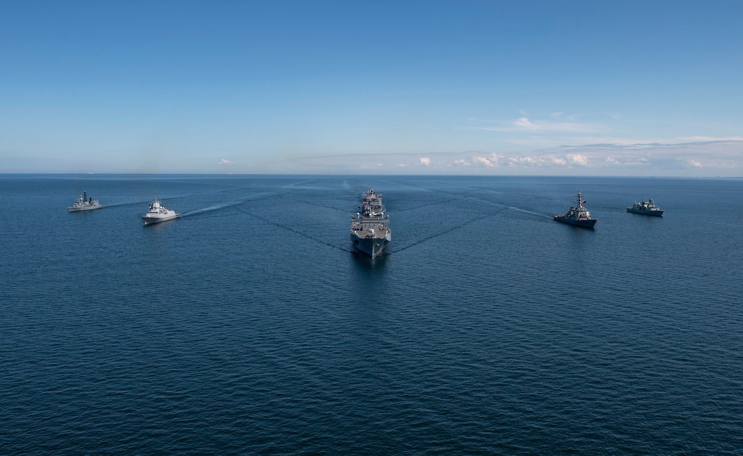 200608-N-BM428-1485 BALTIC SEA (June 8, 2020) Ships from nations participating in exercise Baltic Operations (BALTOPS) 2020 sail in formation while in the Baltic Sea, June 8, 2020. The ships pictured are (in alphabetical order by home nation): the Royal Canadian Navy Halifax-class frigate HMCS Fredericton (FFH 337), the German Navy Bremen-class frigate FGS Luebeck (F214), the German Navy Rhoen-Class replenishment oiler FGS Rhoen (A1443), the Royal Norwegian Navy Fridtjof Nansen-class frigate HNoMS Otto Suerdrup (F312), the U.S. Navy Blue Ridge-class command and control ship USS Mount Whitney (LCC 20), the U.S. Navy Arleigh Burke-class guided-missile destroyer USS Donald Cook (DDG 75), and the U.S. Navy Supply-class fast-combat support ship USNS Supply (T-AOE 6). BALTOPS is the premier annual maritime-focused exercise in the Baltic Region, marking the 49th year of one of the largest exercises in Northern Europe enhancing flexibility and interoperability among allied and partner nations. (U.S. Navy photo by Mass Communication Specialist 1st Class Kyle Steckler)