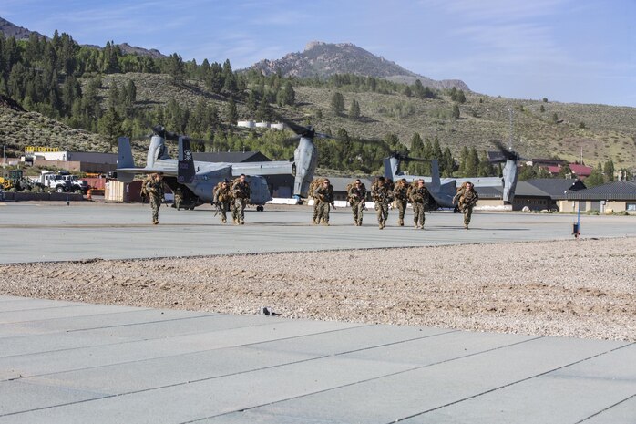 On June 11, 2020, Marines & Sailors from Headquarters Company, 5th Marine Regiment; 3d Battalion, 5th Marine Regiment; and 3d Marine Air Wing conducted an air assault from Marine Corps Air Station Camp Pendleton to the Marine Corps Mountain Warfare Training Center in Bridgeport, California as part of Mountain Exercise 5-20.