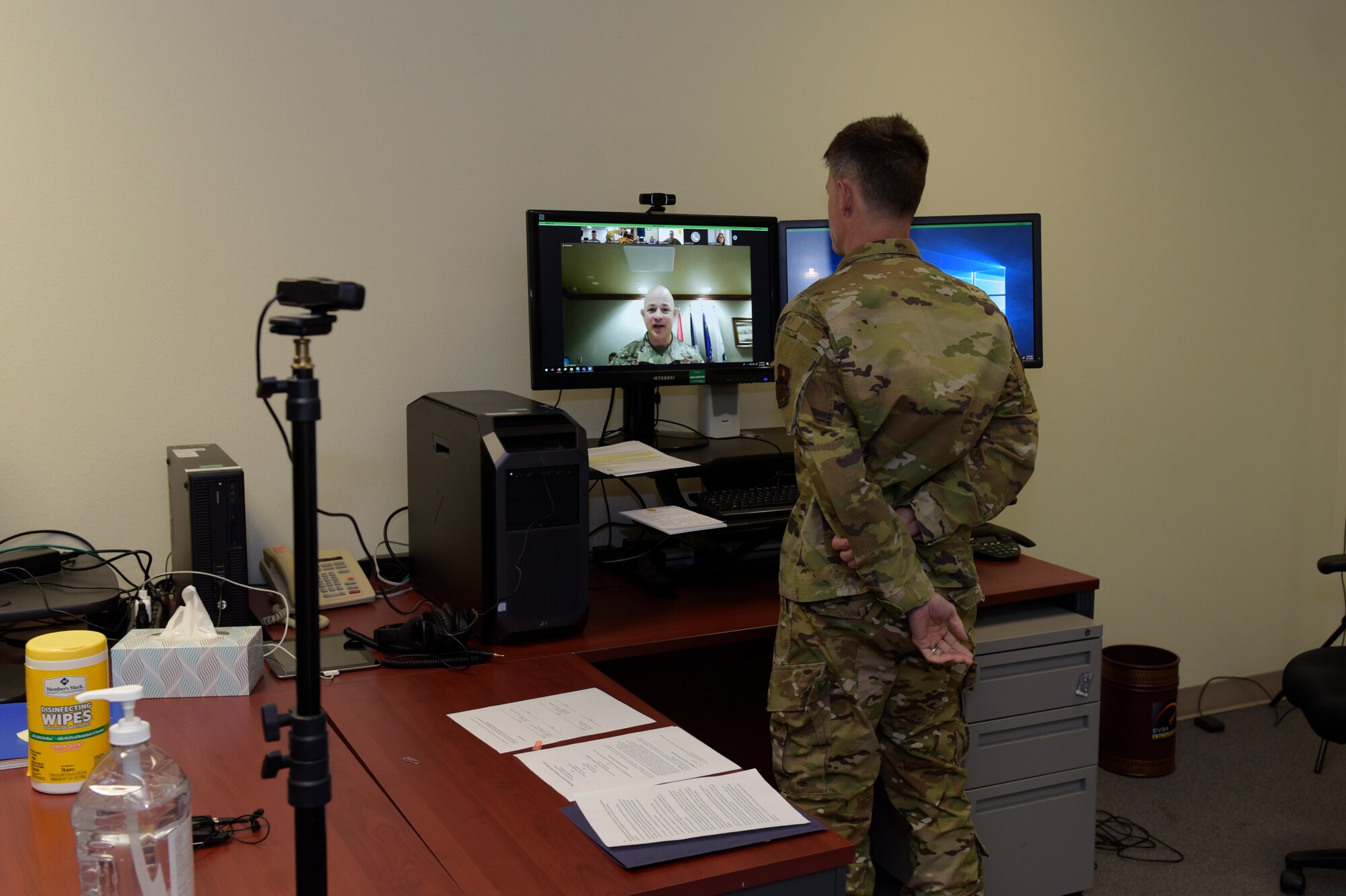 U.S. Air Force Col. Thomas Coakley, 17th Training Group commander, discusses with virtually present Col. Andres Nazario, 17th Training Wing commander, and local community members the talking points to the Memorandum of Understanding in the Brandenburg Hall on Goodfellow Air Force Base, Texas, June 11, 2020. The MOU established a shared center for faculty development and enhancement of student engagement between the city of San Angelo and GAFB. (U.S. Air Force photo by Senior Airman Zachary Chapman)