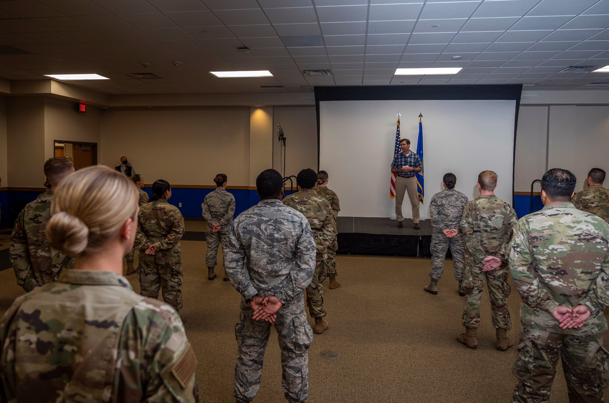 U.S. Secretary of Defense Dr. Mark T. Esper addresses Airmen prior to administering the oath of enlistment during his visit June 16, 2020, at Joint Base San Antonio-Lackland, Texas. Esper met with AETC leaders to see firsthand how Basic Military Training is fighting through COVID-19 with health protection measures in place and adapting operations to current Centers for Disease Control and Prevention Guidance. The visit also allowed him to witness how a citizen becomes an Airman during COVID-19.