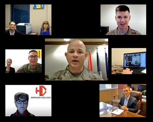 U.S. Air Force Col Andres Nazario, 17th Training Wing commander, President of Howard College Dr. Cheryl Sparks, Superintendent of San Angelo Independent School District Dr. Carl Dethloff, Interim President of Angelo State University Mrs. Angie Wright, and Col. Thomas Coakley, 17th Training Group commander, attend a video conference to sign a Memorandum of Understanding, which establishes a Center for Teaching and Learning Excellence, on Goodfellow Air Force Base, Texas, June 11, 2020. With health and safety measures in place to prevent the spread of COVID-19, the virtual signing of the MOU officially solidified several years of previous partnerships and cooperation between the 17th TRG, ASU, Howard College and SAISD. (U.S. Air Force photo illustration by Airman 1st Class Abbey Rieves)