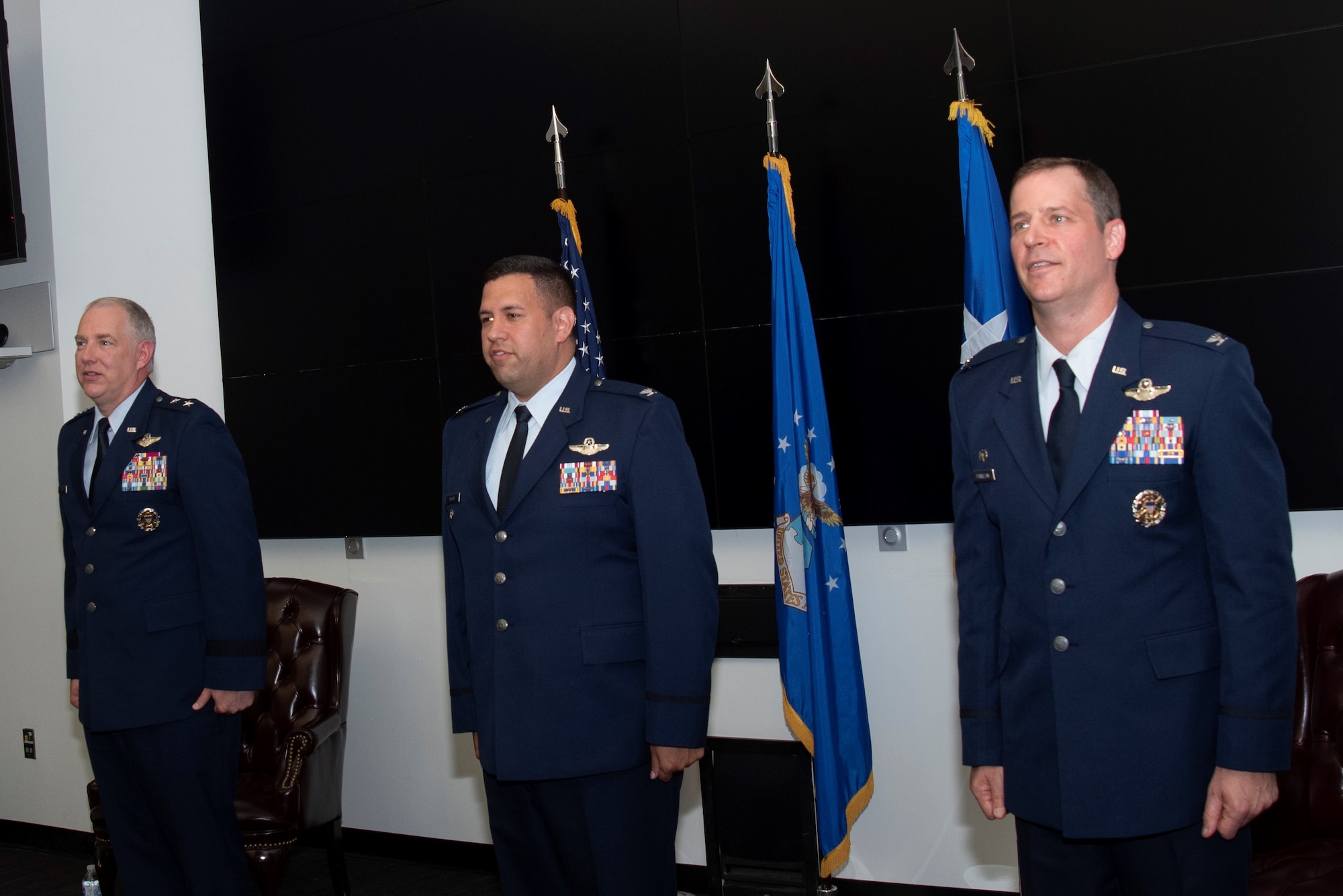 Maj. Gen. John R. Gordy (left), commander of the U.S. Air Force Expeditionary Center at Joint Base McGuire-Dix-Lakehurst, N.J., presided over the change of command ceremony on June 15 when Col. Joseph "Jacko" M. Vanoni (center) assumed command of the 43d Air Mobility Operations Group from Col. Timothy S. Danielson (right)