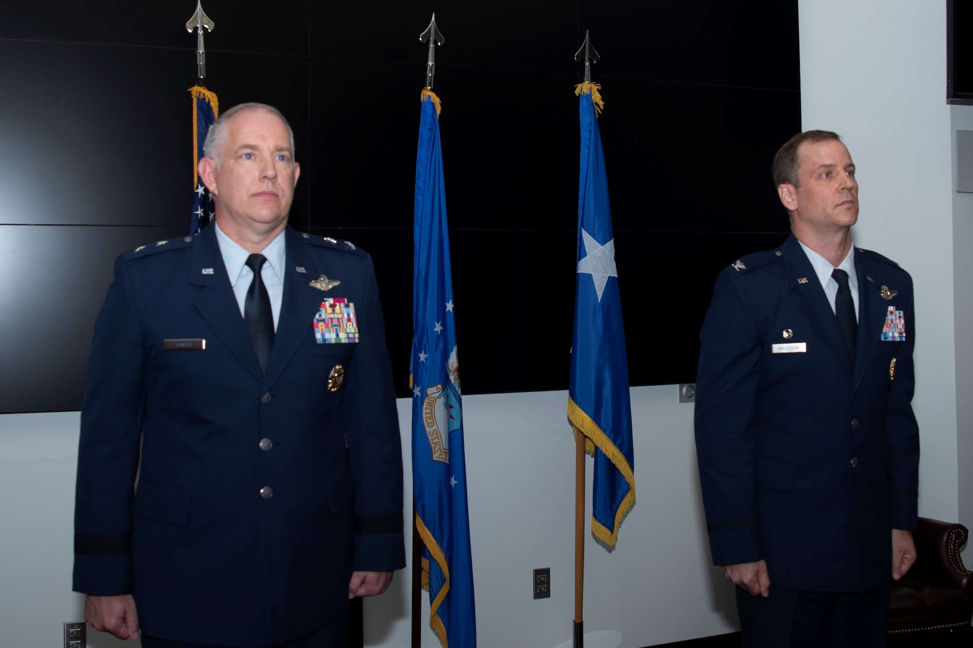 Maj. Gen. John R. Gordy, commander of the U.S. Air Force Expeditionary Center at Joint Base McGuire-Dix-Lakehurst, N.J., presided over the change of command ceremony. Maj. Gen. Gordy (left) recognizes Col. Timothy S. Danielson (right) before he relinquished command of the 43 AMOG to Col. Joseph "Jacko" M. Vanoni.