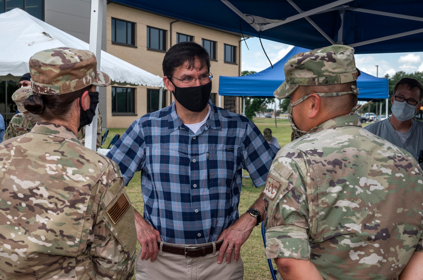 U.S. Secretary of Defense Dr. Mark T. Esper visits Reid Clinic June 16, 2020, at Joint Base San Antonio-Lackland, Texas. Esper met with AETC leaders to see firsthand how Basic Military Training is fighting through COVID-19 with health protection measures in place and adapting operations to current Centers for Disease Control and Prevention Guidance. The visit also allowed him to witness how a citizen becomes an Airman during COVID-19.