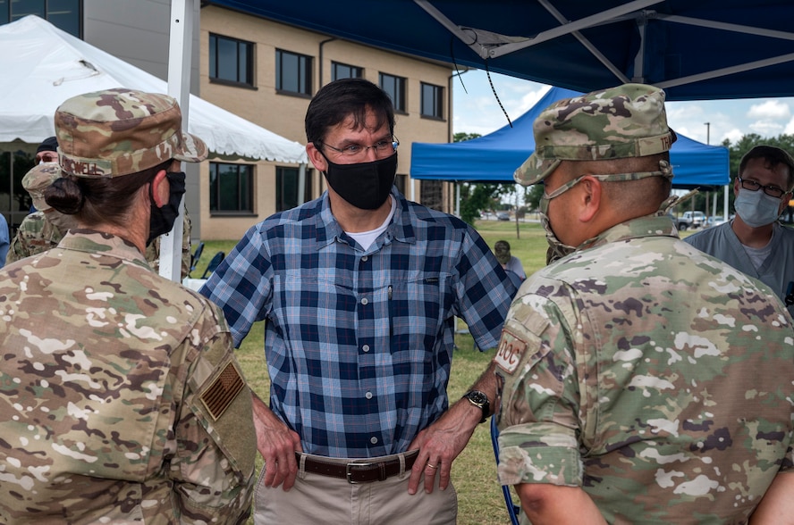 U.S. Secretary of Defense Dr. Mark T. Esper visits Reid Clinic June 16, 2020, at Joint Base San Antonio-Lackland, Texas. Esper met with AETC leaders to see firsthand how Basic Military Training is fighting through COVID-19 with health protection measures in place and adapting operations to current Centers for Disease Control and Prevention Guidance. The visit also allowed him to witness how a citizen becomes an Airman during COVID-19.