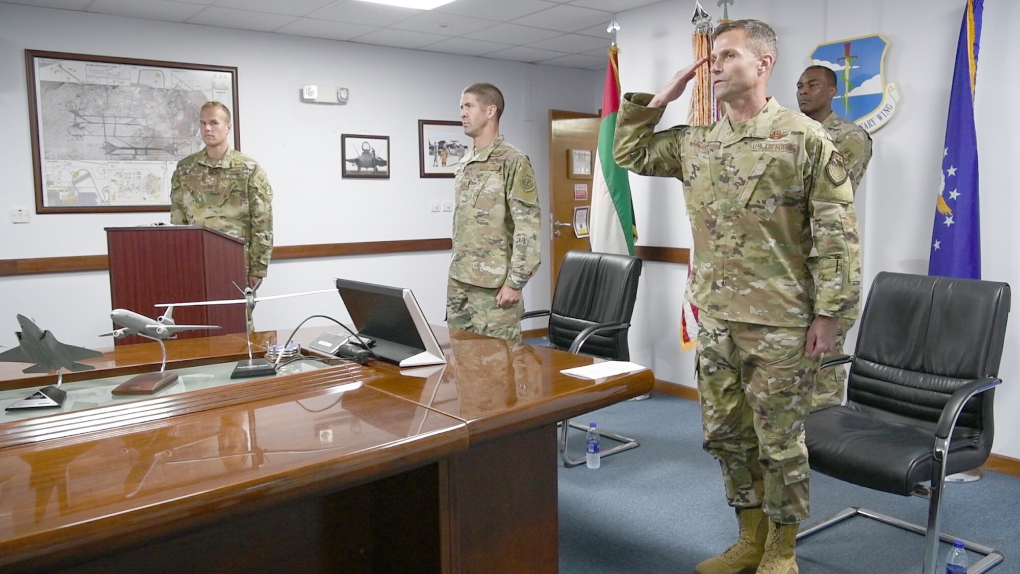 Brig. Gen. Larry R. Broadwell takes command of the 380th Air Expeditionary Wing during a ceremony at Al Dhafra Air Base, United Arab Emirates, June 12, 2020. Lt. Gen. Joseph T. Guastella, Jr., U.S. Air Forces Central Command commander virtually presided over the ceremony. (U.S. Air Force photo by Master Sgt. Patrick OReilly)