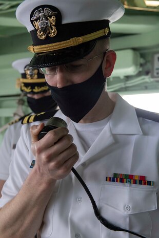 200615-N-BM428-0411 BALTIC SEA (June 15, 2020) Lt. Kieth Connors, the chaplain assigned to the Blue Ridge-class command and control ship USS mount Whitney (LCC 20), gives the invocation during a change of command aboard the ship while in the Baltic Sea during exercise Baltic Operations (BALTOPS) 2020, June 15, 2020. BALTOPS is the premier annual maritime-focused exercise in the Baltic Region, this year marking the 49th year of one of the largest exercises in Northern Europe enhancing flexibility and interoperability among allied and partner nations. (U.S. Navy photo by Mass Communication Specialist 2nd Class Damon Grosvenor)