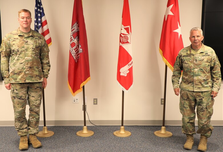Col. Christopher Beck (left) relinquished command of the U.S. Army Corps of Engineers Transatlantic Division during a Relinquishment of Command ceremony June 16, 2020, in Winchester, Virginia. Lt. Gen. Todd T. Semonite (right), the 54th Chief of Engineers and U.S. Army Corps of Engineers Commanding General, hosted the event, which was modified to incorporate social distancing due to COVID-19.