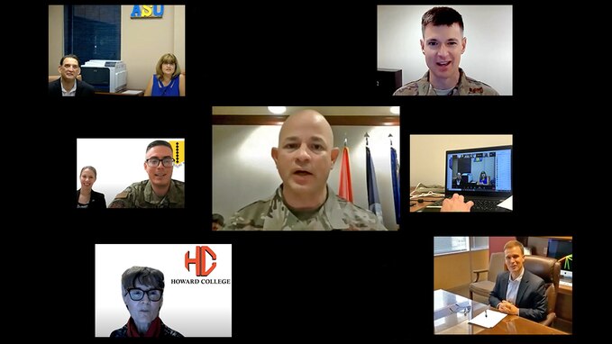 U.S. Air Force Col Andres Nazario, 17th Training Wing commander, President of Howard College Dr. Cheryl Sparks, Superintendent of San Angelo Independent School District Dr. Carl Dethloff, Interim President of Angelo State University Mrs. Angie Wright, and Col. Thomas Coakley, 17th Training Group commander, attend a video conference to sign a Memorandum of Understanding, which establishes a Center for Teaching and Learning Excellence, on Goodfellow Air Force Base, Texas, June 11, 2020. With health and safety measures in place to prevent the spread of COVID-19, the virtual signing of the MOU officially solidified several years of previous partnerships and cooperation between the 17th TRG, ASU, Howard College and SAISD. (U.S. Air Force photo illustration by Airman 1st Class Abbey Rieves)