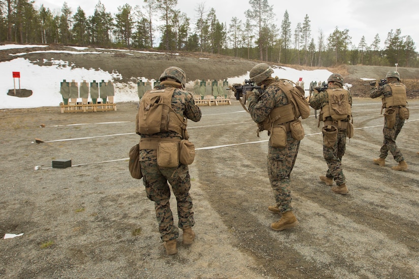 Four Marines with their backs to the camera fire rifles at targets.