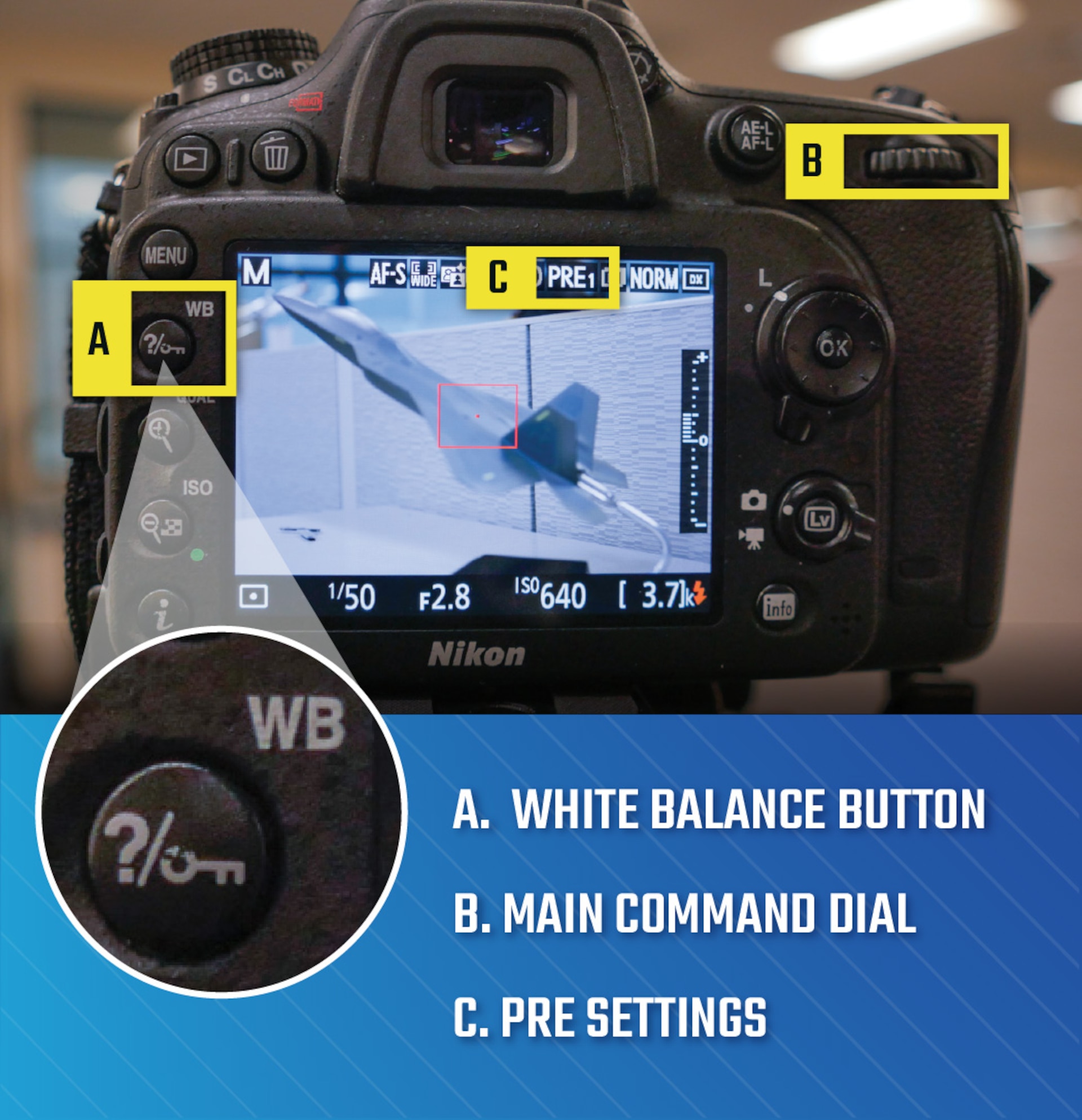 Camera with points to white balance button, main command dial and pre settings mode on display screen
