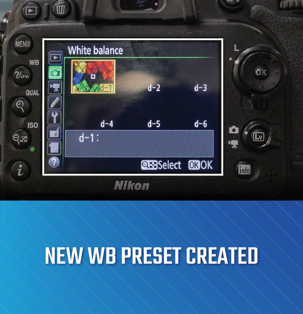 Camera with new white balance preset displaying on monitor