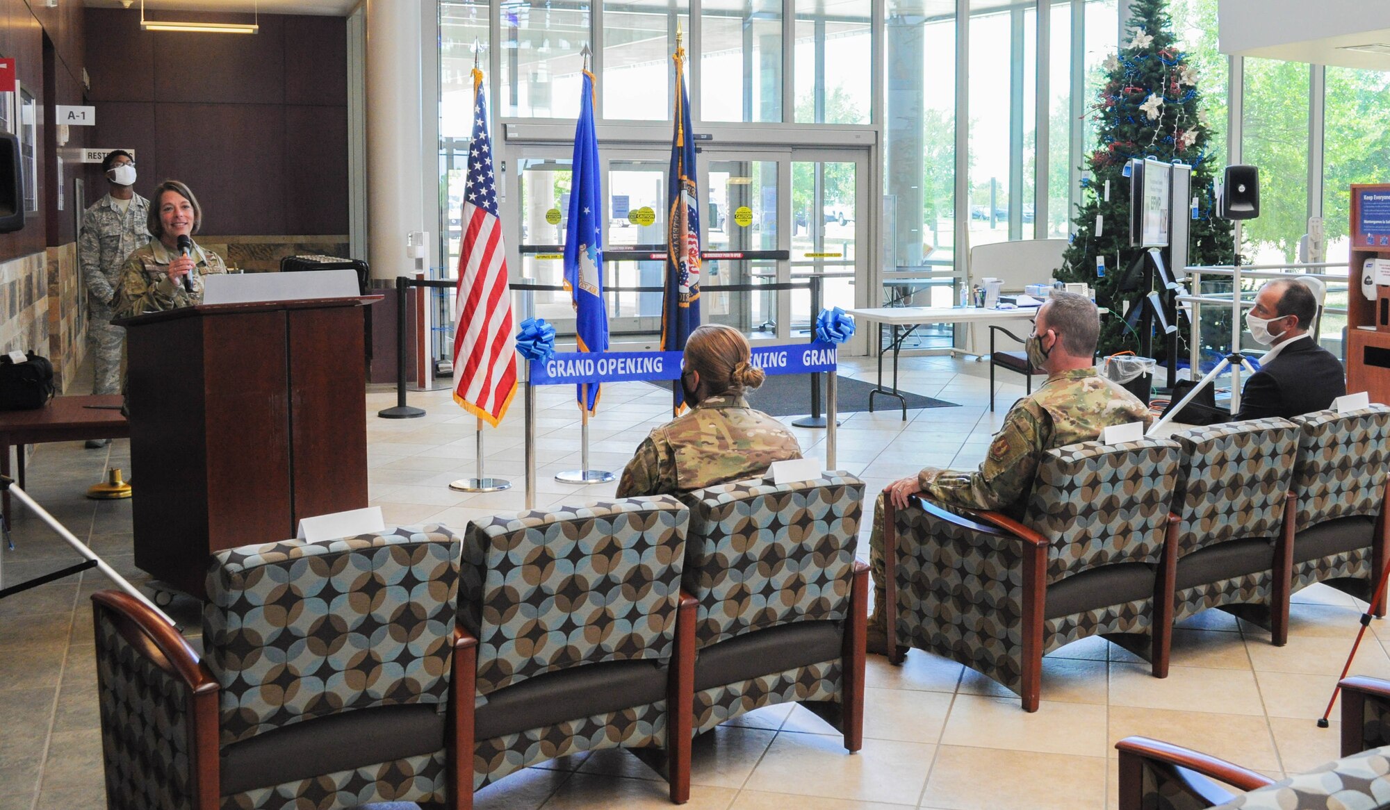 Col. Jennifer Trinkle, 72nd Medical Group commander, speaks before cutting the ribbon on the VA Primary Care Clinic at Tinker Air Force Base on June 15 at the 72nd Medical Group. This is the first VA clinic on base. This space allows for the care of all warriors and strengthens the partnership between military bases and the VA.