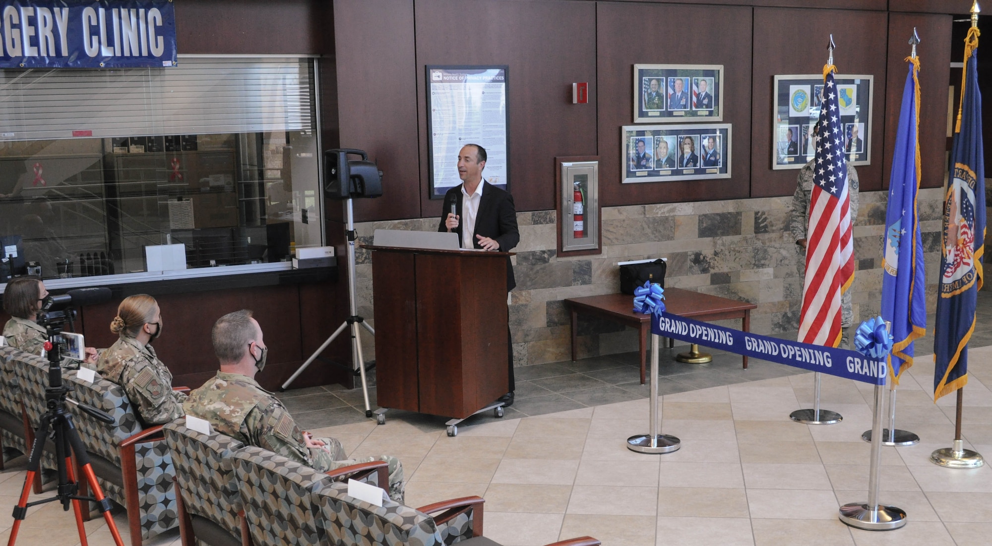 Wade Vlosich, director of the Oklahoma City Veterans Affairs Health Care System, speaks before joining 72nd Medical Group Commander Col. Jennifer Trinkle to cut the ribbon on the VA Primary Care Clinic at Tinker Air Force Base on June 15 at the 72nd Medical Group. This is the first VA clinic on base. This space allows for the care of all warriors and strengthens the partnership between military bases and the VA. (U.S. Air Force photo/1Lt Ashlyn Paulson)