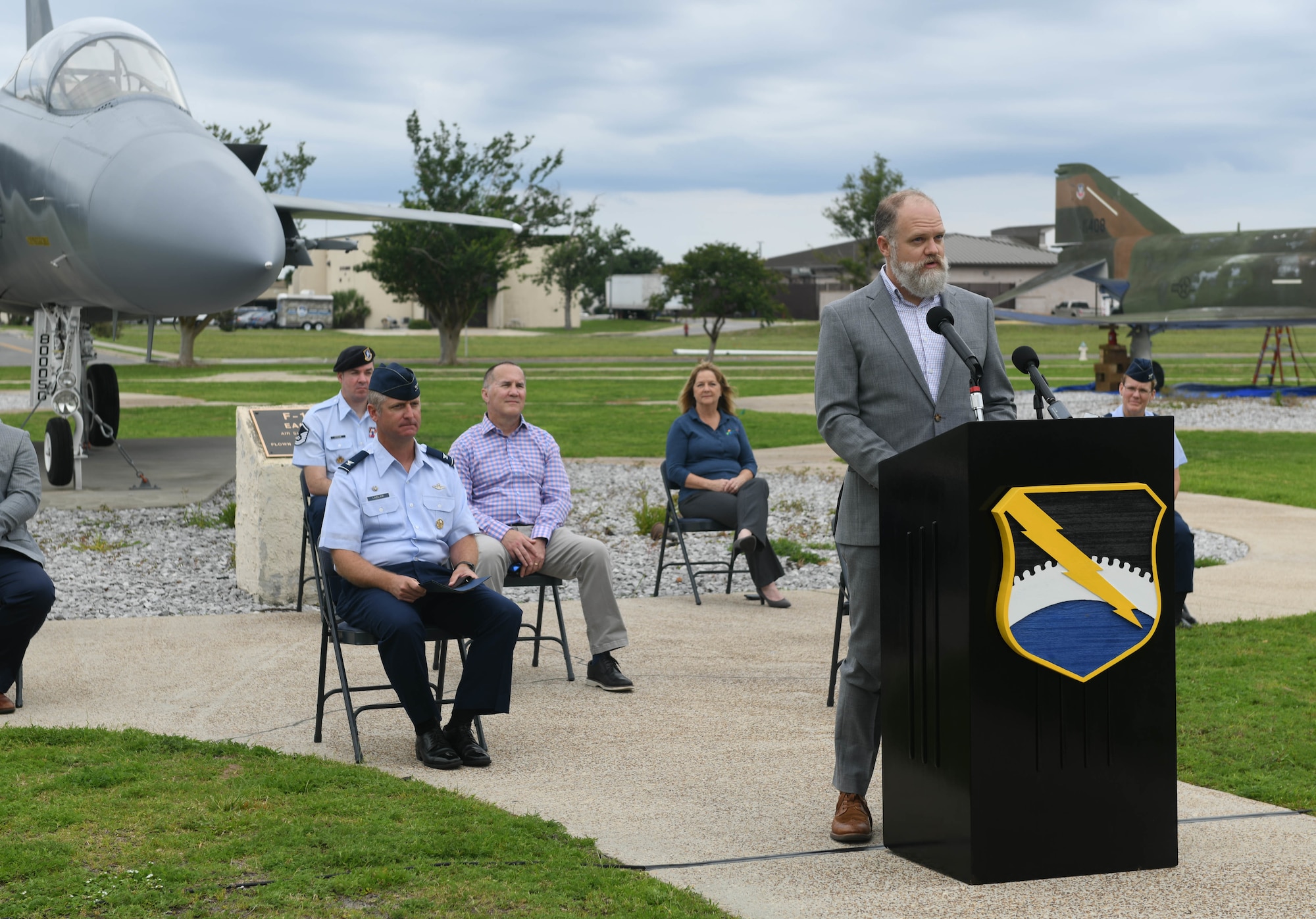 Will Cramer, Military Affairs Committee chairman, discusses the mutual benefits of the Community Partnership Program during a press conference at Tyndall Air Force Base, Florida, Jun. 17, 2020. The program promotes collaboration between the base and the local community. (U.S. Air Force photo by Airman Anabel Del Valle)