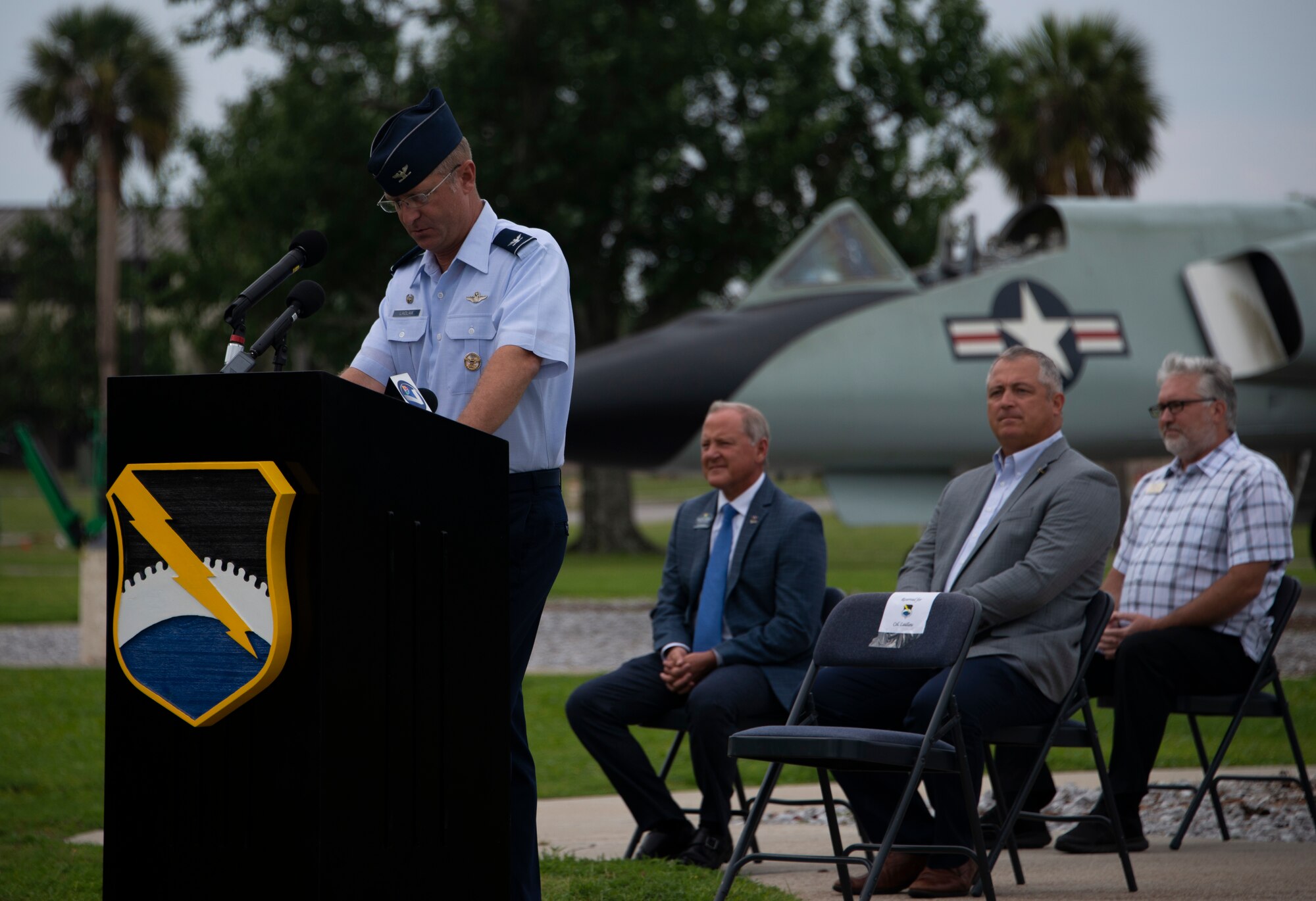 Col. Brian Laidlaw, 325th Fighter Wing commander, speaks during a press conference at Tyndall Air Force Base, Florida, Jun. 17, 2020. The press conference recognized five Community Partnership Program agreements between the base and local community. (U.S. Air Force photo by 2nd Lt. Kayla Fitzgerald)