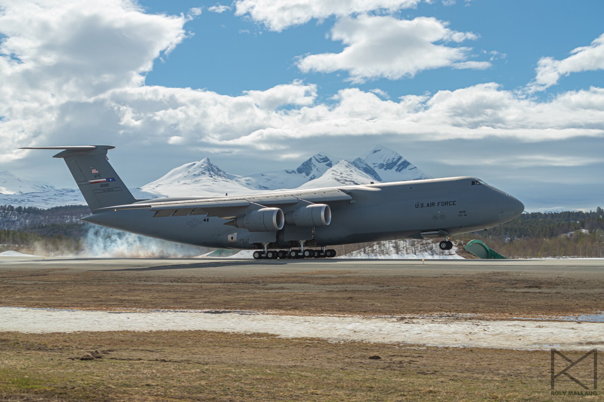 A C-5M Super Galaxy aircraft, assigned to the 433rd Airlift Wing, Joint Base San Antonio-Lackland, Texas, touches down at Royal Norwegian Air Force Bardufoss Air Station, Norway, May 26th, 2020.
