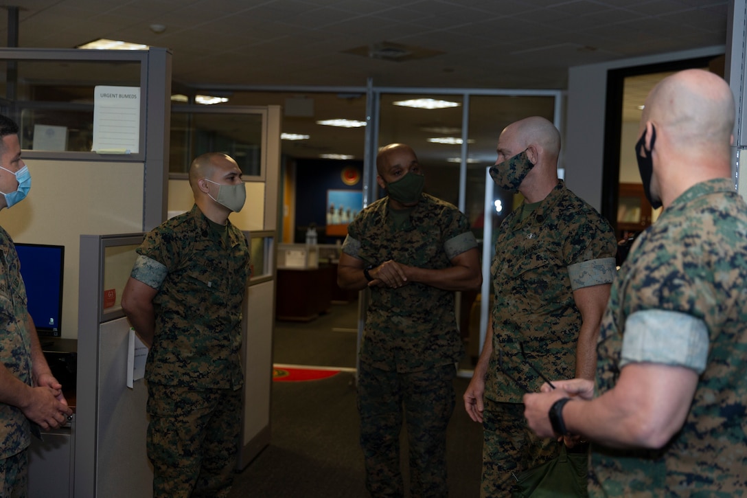 U.S. Marine Corps SgtMaj. Troy Black, 19th Sergeant Major of the Marine Corps, visits Marine Corps Recruiting Command (MCRC) at Marine Corps Base Quantico, Virginia, June 15, 2020. Black was visiting his previous duty station and took time to visit each Marine, sailor, and civilian and see how they were doing. (U.S. Marine Corps photo by Lance Cpl. Phuchung Nguyen)