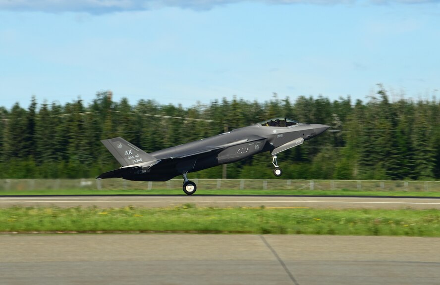 An F-35A Lightning II assigned to the 356th Fighter Squadron takes off from the Eielson Air Force Base flightline in Alaska, June 17, 2020.