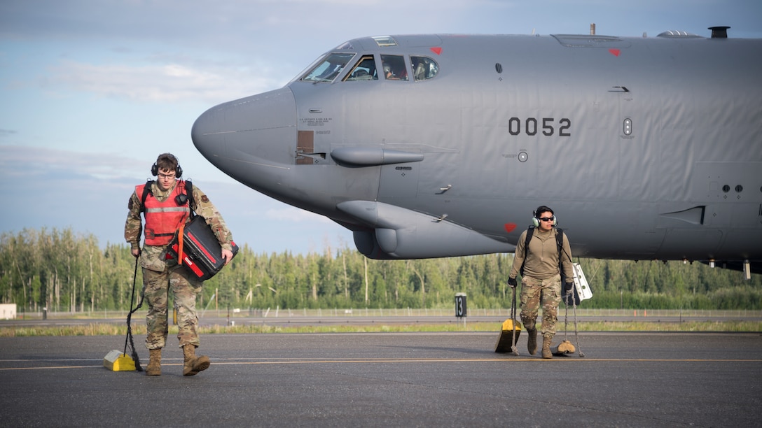 A B-52H Stratofortress deployed from Barksdale Air Force Base, La., taxis down the flight line at Eielson Air Force Base, Alaska, June 16, 2020. This Bomber Task Force brought B-52H Stratofortress bombers and 2nd Bomb Wing Airmen to the Indo-Pacific theater to test their ability to integrate and operate from a forward location. (U.S. Air Force photo by Senior Airman Lillian Miller)
