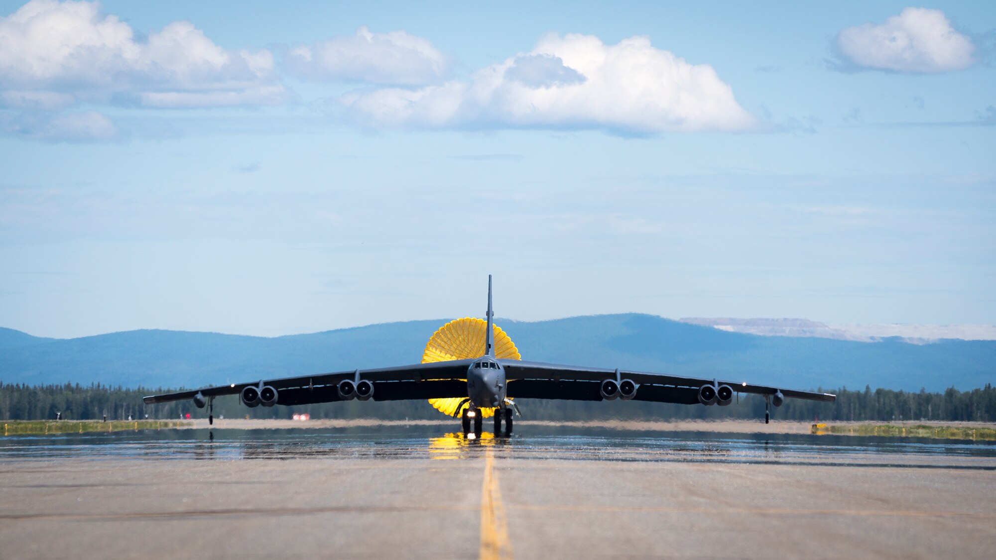 A B-52H Stratofortress deployed from Barksdale Air Force Base, La., taxis down the flightline at Eielson Air Force Base, Alaska, after conducting a Bomber Task Force mission over the Sea of Japan, June 17, 2020. Bomber Task Force missions help maintain global stability and security while enabling units to become familiar with operations in different regions. (U.S. Air Force photo by Senior Airman Lillian Miller)