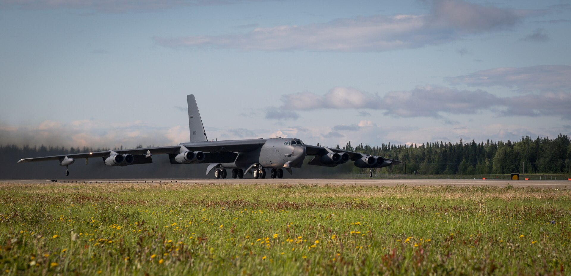A B-52H Stratofortress deployed from Barksdale Air Force Base, La., takes off from Eielson Air Force Base, Alaska, for a Bomber Task Force mission, June 16, 2020. Strategic bomber missions demonstrate the credibility of our forces to address a diverse and uncertain security environment. (U.S. Air Force photo by Senior Airman Lillian Miller)