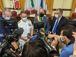 Rear Adm. Michael T. Curran, Fleet Supply, Logistics and Ordinance, N4, U.S. Naval Forces Europe/Africa/U.S. Sixth Fleet, leads a press conference with local media about the first of three donations of medical equipment and supplies to local Italian communities. U.S. 6th Fleet, headquartered in Naples, Italy, conducts the full spectrum of joint and naval operations, often in concert with Allied and interagency partners, in order to advance U.S. national interests and security and stability in Europe and Africa.