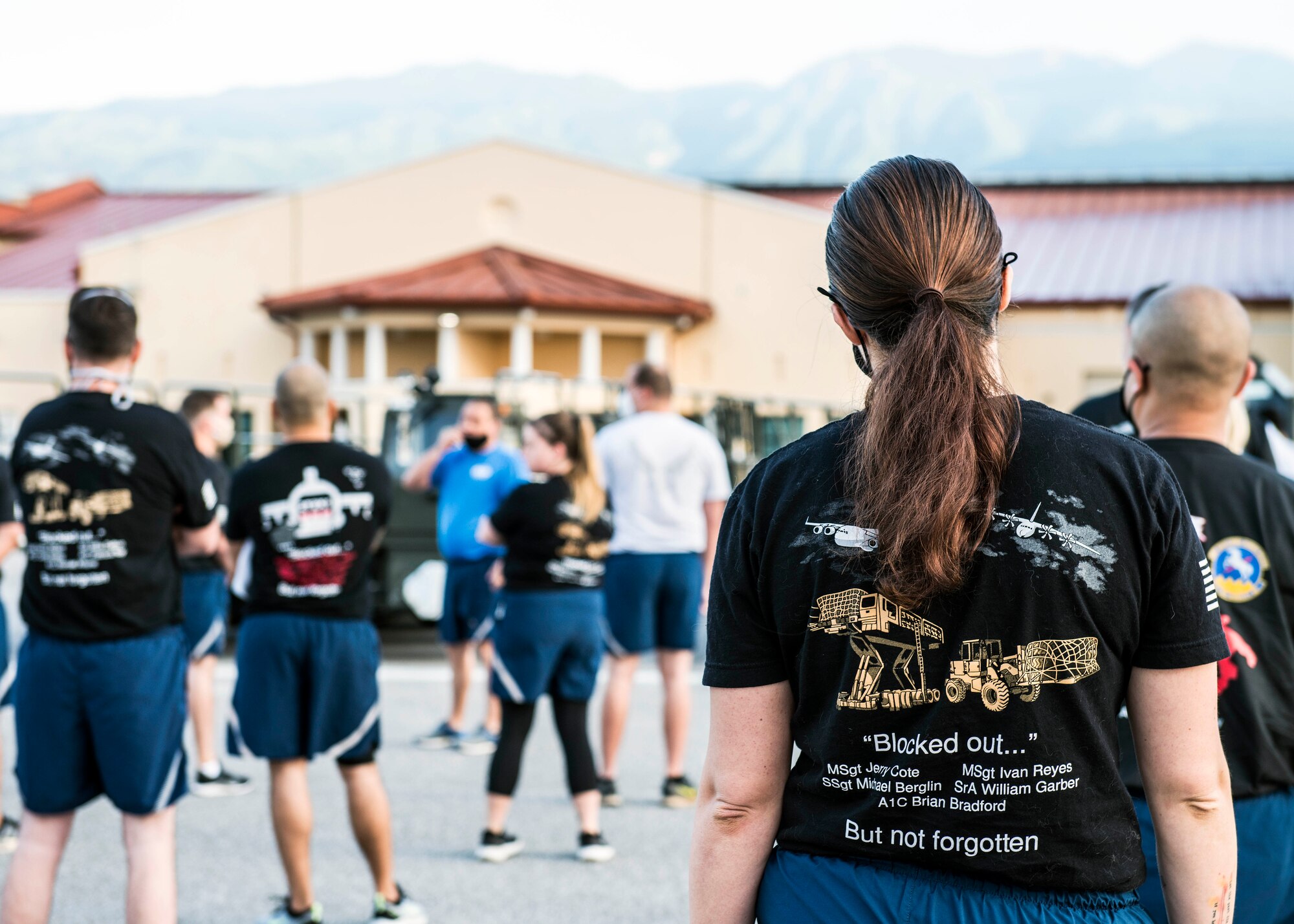 Members of the 724th Air Mobility Squadron participate in a memorial run at Aviano Air Base, Italy, June 18, 2020.