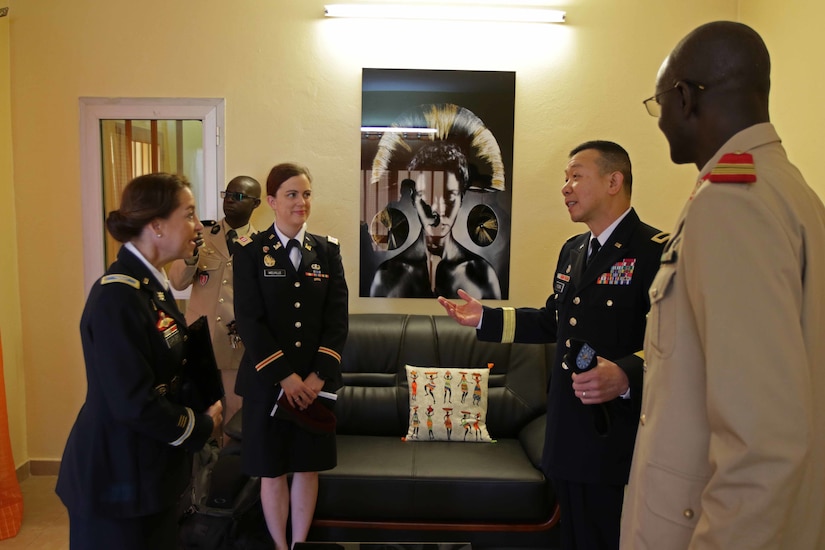 U.S. Army Africa Deputy Commanding General Brig. Gen. Lapthe Flora, Senegalese Administer of Health Col. Ibrahima Diouf and U.S. Embassy of Senegal Defense Attache' Col. Gwyn Carver meet at the Hospital Military De Ouakam, Senegal, during Medical Readiness Exercise 19-2, 8 April, 2019.