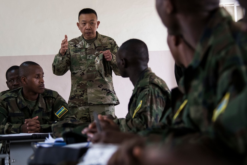 U.S. Army Brig. Gen. Lapthe Flora, deputy commanding general for U.S. Army Africa, briefs Rwandan Soldiers during MEDRETE 18-5 at the Rwanda Military Hospital, Kigali, Rwanda, Aug. 20, 2018.