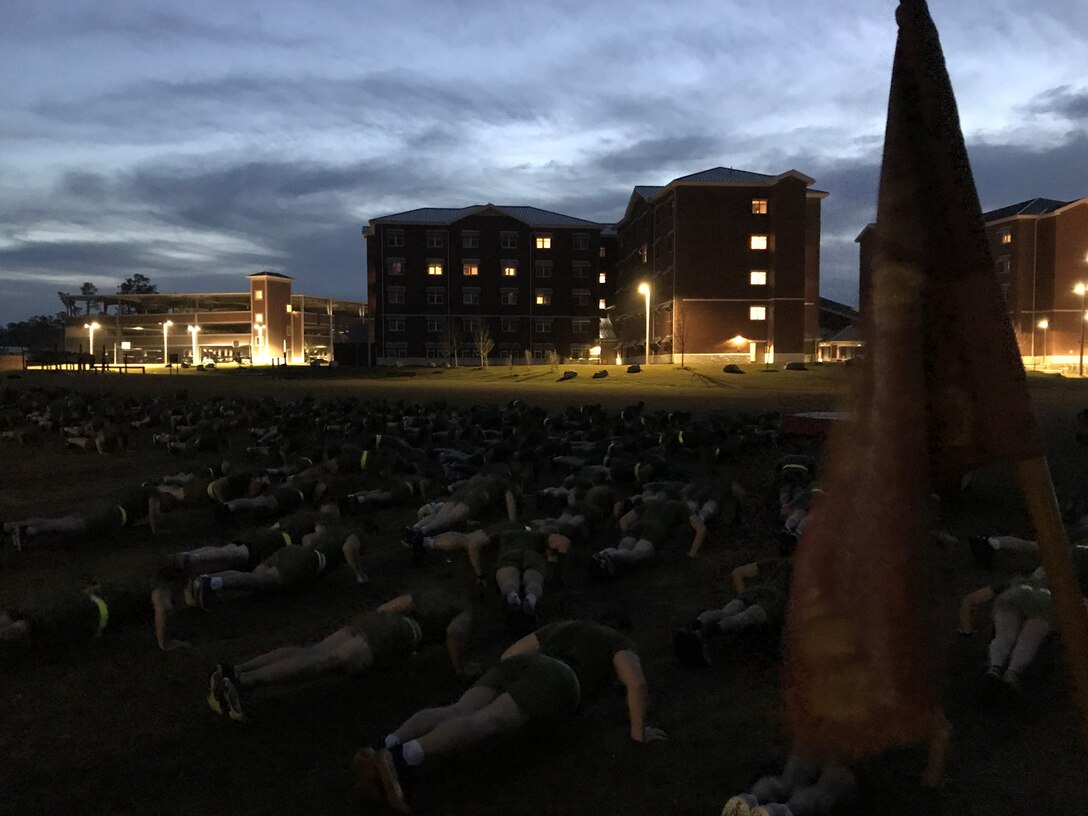 February 2020:  Permanent personnel and students assigned to Marine Corps Engineer School conduct PT prior to starting the training day.