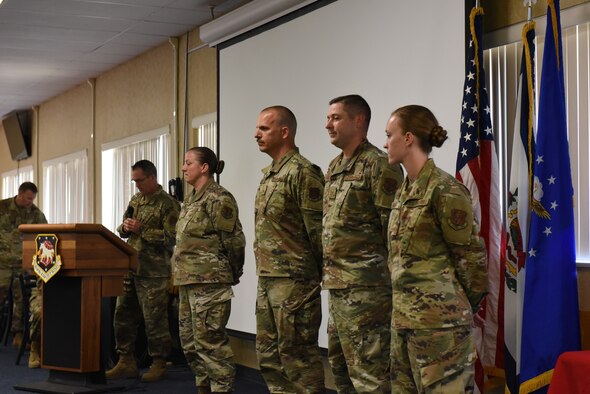 Senior Master Sgt. Jacki Weddle, Master Sgt. Michael Zittle, Tech. Sgt. Jeremy Grove and Staff Sgt. Erin Engle were recognized in a ceremony for their selection as the 167th Airlift Wing’s Outstanding Airmen, June 12, 2020, at the Martinsburg, W.Va. air base. Weddle and Engle were also winners at the state level.