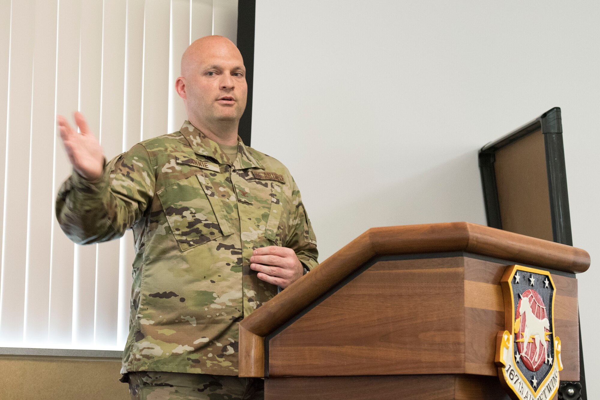 Col. Bill Annie, 167th Mission Support Group commander, makes remarks during his promotion and assumption of command ceremony, June 13, 2020, at the 167th Airlift Wing. After three years in command of the 167th Force Support Squadron, Annie moved into the 167th Mission Support Group commander position.