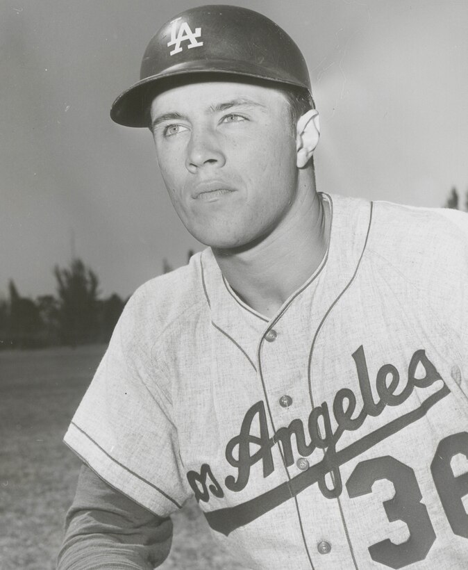 Baseball player in an L.A. Dodgers uniform is pictured.