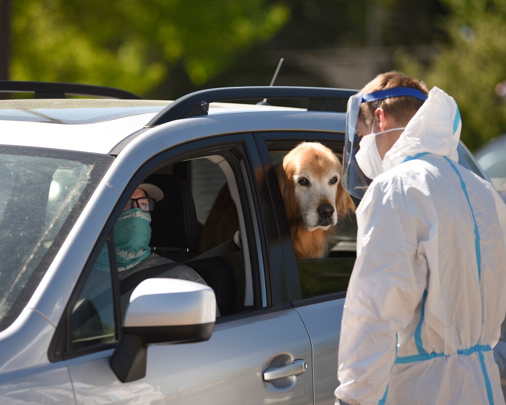 A National Guardsman in protective gear speaks to a motorist out of a window as a dog watches.