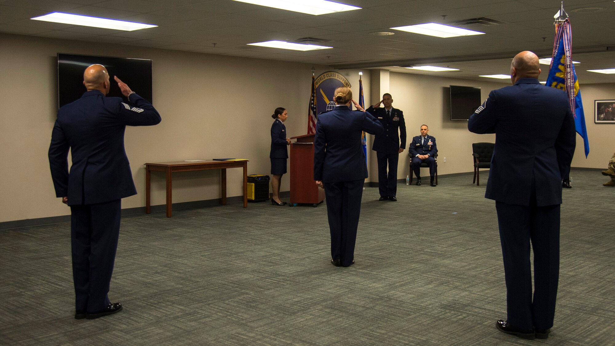 Members of the 6th Logistics Readiness Squadron render their first salute to U.S. Air Force Lt. Col. Christopher Martagon, the 6th LRS commander, during a change of command ceremony June 12, 2020, at MacDill Air Force Base, Fla