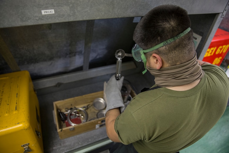 U.S. Marines with Marine Aviation Logistics Squadron (MALS) 13, calibrate aircraft electronics on Marine Corps Air Station (MCAS) Yuma, May 27, 2020. The calibration work center is responsible for maintaining mission readiness across all MCAS Yuma tenant squadrons and 6,000 items through calibration and equipment repair for aircraft electronics, armory gauges, and weapon test sets. (U.S. Marine Corps photo by Lance Cpl John Hall)