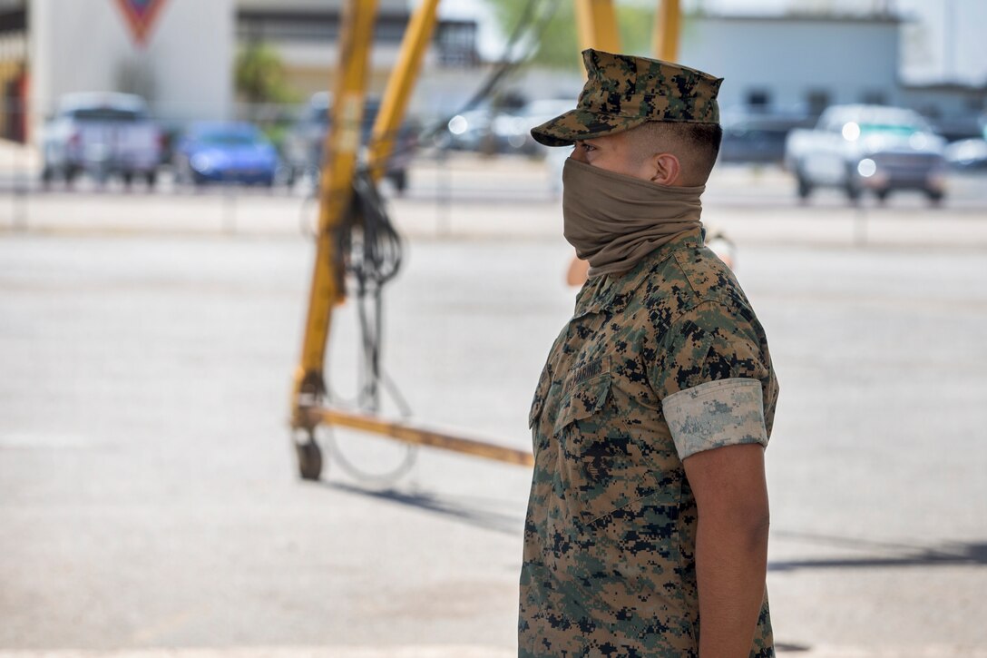 U.S. Marine Corps Cpl. Victor Menchu, an electrician with Combat Logistics Company (CLC) 16, is meritoriously promoted to the rank of Corporal on Marine Corps Air Station Yuma, June 2, 2020. A meritorious promotion is based on the individual Marines ability to take on the responsibilities and duties of a higher grade in an effective manner by being evaluated on knowledge, drill, physical fitness, and military appearance. (U.S. Marine Corps photo by Lance Cpl John Hall)