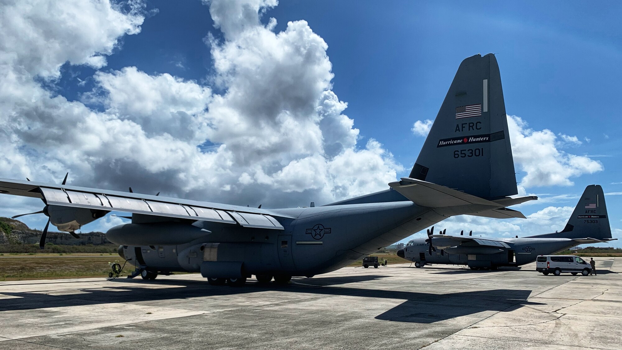 Two WC-130J Super Hercules aircraft are prepared to fly training missions, June 16. The Hurricane Hunters deployed to St. Croix, U.S. Virgin Islands, to fly training missions over the Caribbean in preparation for the 2020 hurricane season. (U.S. Air Force photo by Tech. Sgt. Christopher Carranza)