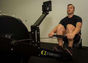 Daniel Webb, 50th Force Support Squadron recreation assistant, works out on the rowing 

machine at the fitness center June 17, 2020, at Schriever Air Force Base, Colorado. The 50th 

FSS moved equipment onto the racquetball court to allow a greater number of Airman to work 

out under current COVID spacing requirements. (U.S. Air Force photo by Cara Cannello)