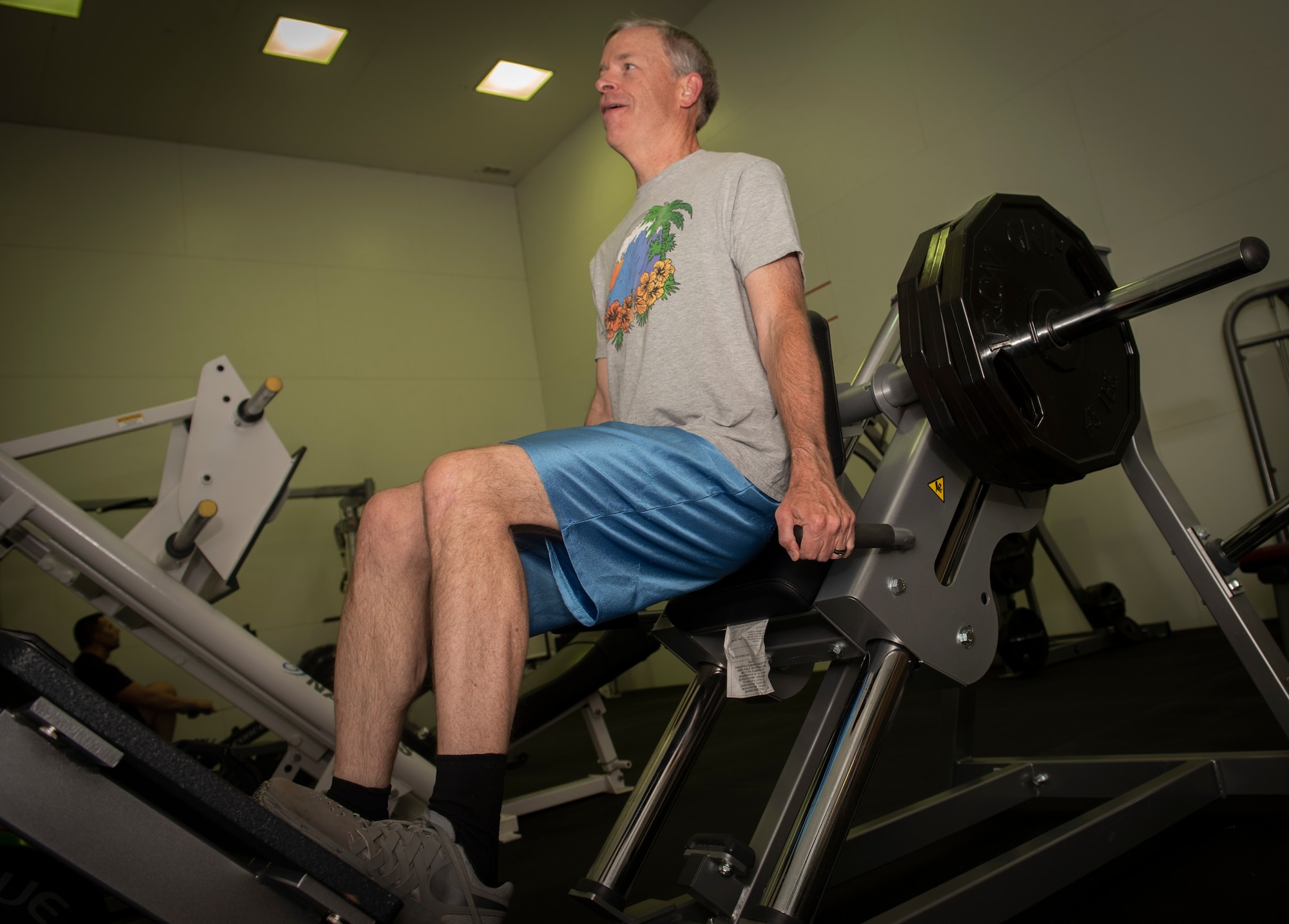 Joseph Trese, 17th Test Squadron test analyst, performs a leg press June 17, 2020, at the fitness center at Schriever Air Force Base, Colorado. The fitness center has resumed normal hours of operation and is open 5 a.m. to 7:30 p.m. on weekdays and 7 a.m. to 3 p.m. on weekends. (U.S. Air Force photo by Cara Cannello)