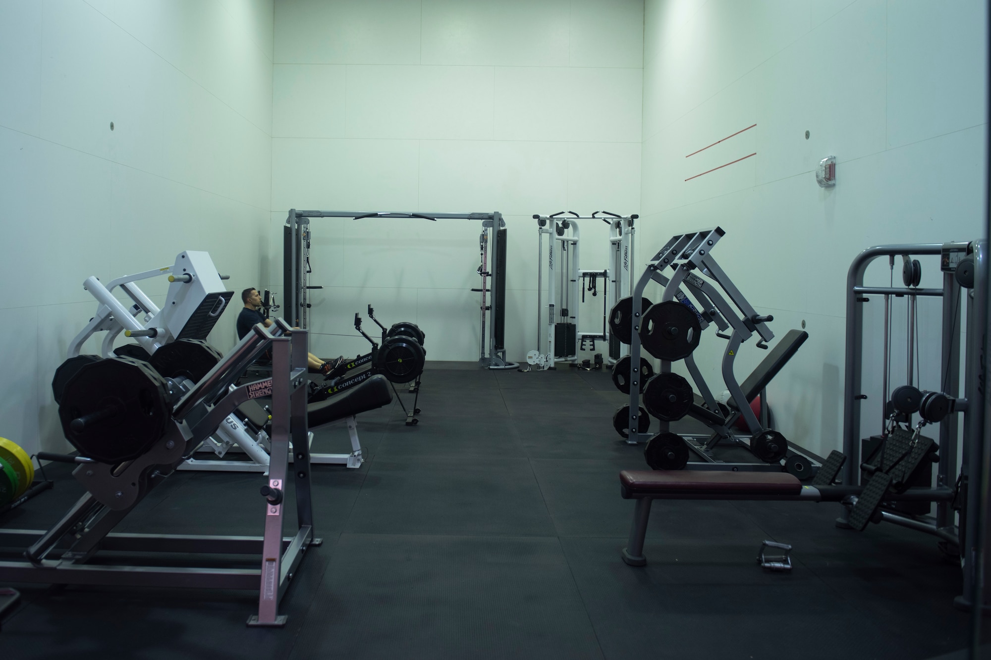 The fitness center’s racquetball court was converted into a weight room for social distancing. The process was completed on June 16, 2020, at Schriever Air Force Base, Colorado. The machines allow for exercises from leg presses to tricep pulldown machines. (U.S. Air Force photo by Cara Cannello)
