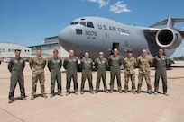 167th Airlift Wing aircrew Maj. Kyle Morales, Senior Airman Tyler Cole, Senior Airman David Landis, Chief Master Sgt. Mark Snyder, Maj. Alex Hanna, Lt. Col. George Fay, Capt. Trebor Taylor, Maj. Michael Stark, Senior Master Sgt. Joseph Windle, and Maj. Jared Shank crewed a C-17 Globemaster III aircraft that flew over hospitals in West Virginia Maryland and Virginia as part of Operation American Resolve, May 13, 2020.