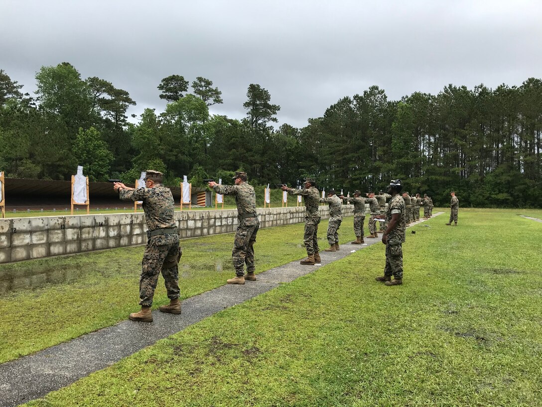 On May 21, 2020 Marines and Sailors assigned to Marine Corps Engineer School used an annual training day to conduct a pistol range at Stone Bay. Qualifying with the 9 mm pistol is an annual requirement and proficiency is tested at 7, 15, and 25 yard lines.