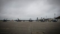 Five U.S. Navy Boeing EA-18Gs sit on the flightline during a PAC Weasel exercise at Misawa Air Base, Japan, June 19, 2020. The objective of this exercise was to integrate U.S. Navy and U.S. Air Force assets to simulate the suppression of enemy air defenses as one cohesive unit, which consisted of 21 aircraft, 16 F-16 Fighting Falcons, four Boeing EA-18G Growlers and a Boeing P-8 Poseidon. (U.S. Air Force photo by Airman 1st Class China M. Shock)