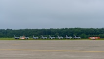 Eight U.S. Air Force F-16 Fighting Falcons sit on the flightline during a PAC Weasel exercise at Misawa Air Base, Japan, June 19, 2020. The F-16s were dedicated to opposition forces, strike missions, SEAD missions and escort missions. Meanwhile, the Growlers focused on the SEAD mission and the P-8 practiced anti-surface warfare, providing radar coverage, intelligence, surveillance and reconnaissance. (U.S. Air Force photo by Airman 1st Class China M. Shock)