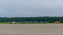 Eight U.S. Air Force F-16 Fighting Falcons sit on the flightline during a PAC Weasel exercise at Misawa Air Base, Japan, June 19, 2020. The F-16s were dedicated to opposition forces, strike missions, SEAD missions and escort missions. Meanwhile, the Growlers focused on the SEAD mission and the P-8 practiced anti-surface warfare, providing radar coverage, intelligence, surveillance and reconnaissance. (U.S. Air Force photo by Airman 1st Class China M. Shock)